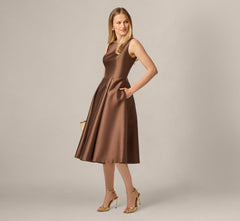 Sleeveless Mikado Fit And Flare Midi Dress With V-Back In Espresso