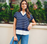 Short Sleeve Drop Shoulder Twofer Sweater In Navy Ivory W Ivory