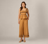 Scalloped Trim Cropped Cotton Pant In Camel Blue Moon