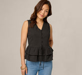 Textured Cotton Ruffle Vest Top In Black