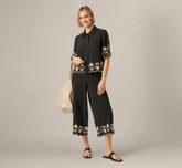 Scalloped Floral Embroidery Cropped Pant In Black Ivory