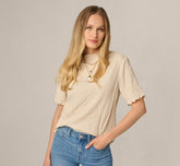 Short Sleeve Floral Embossed Knit Top In Cream