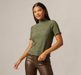 Short Sleeve Floral Embossed Knit Top In Olivine
