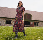 Puff Sleeve Floral Midi Flounce Dress In Burgundy Multi