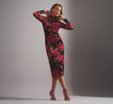 Long Sleeve Floral Mesh Bodycon Midi Dress In Black Multi