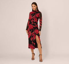 Long Sleeve Floral Mesh Bodycon Midi Dress In Black Multi