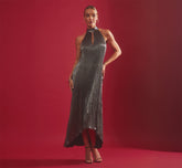 Pleated Metallic High Low Maxi Halter Dress In Gunmetal Black