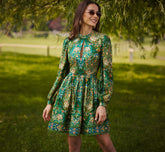 Long Sleeve Keyhole Antique Floral Print Short Dress In Olive Multi