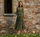 Long Sleeve Floral Stretch Mesh Drop Waist Ankle Length Dress In Olive Multi