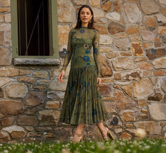 Long Sleeve Floral Stretch Mesh Drop Waist Ankle Length Dress In Olive Multi
