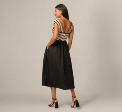 Off Shoulder Chevron Cotton Combo Midi Dress In Black Ecru