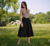 Off Shoulder Chevron Cotton Combo Midi Dress In Black Ecru