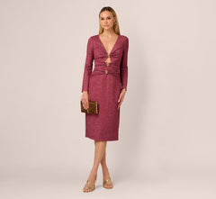 Long Sleeve Metallic Knit Midi Cocktail Dress In Crimson Haze