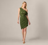 One Shoulder Draped Sequin Beaded Mini Dress In Olive Cypress