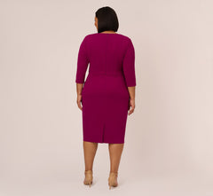 Plus Size Knit Crepe Bow Sheath Dress With Three Quarter Sleeves In Wildberry