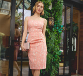 Hibiscus Jacquard Sheath Dress With Tucked Details In Light Coral