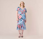 Plus Size Floral Faux Wrap Dress In Blue Multi