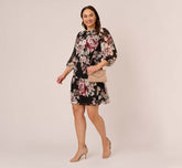 Plus Size Floral Chiffon Dress With Three Quarter Length Sleeves In Black Multi