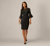 Sequin Floral Lace Dress With Sheer Bell Sleeves In Black