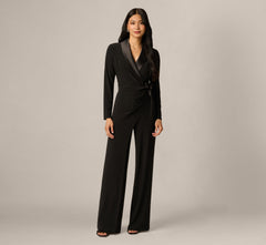 Jersey Wide Leg Tuxedo Jumpsuit With Charmeuse Details In Black