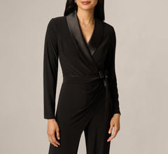 Jersey Wide Leg Tuxedo Jumpsuit With Charmeuse Details In Black