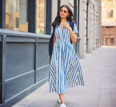 Short Sleeve Cotton Sophia Midi Dress In Ecru Navy