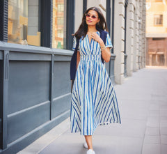 Short Sleeve Cotton Sophia Midi Dress In Ecru Navy