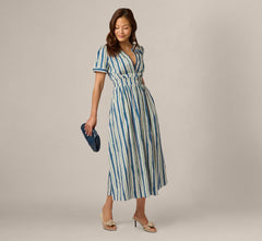 Short Sleeve Cotton Sophia Midi Dress In Ecru Navy