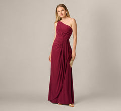 One Shoulder Dress With Draped Waist Detail In Red Wine