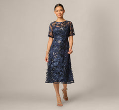 Petite Sequin Embroidered Midi Dress With Sheer Short Sleeves In Navy