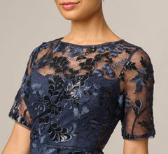 Petite Sequin Embroidered Midi Dress With Sheer Short Sleeves In Navy