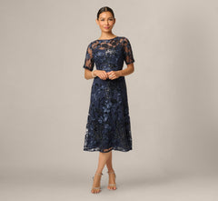 Petite Sequin Embroidered Midi Dress With Sheer Short Sleeves In Navy