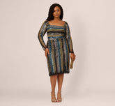 Plus Size Sequin Beaded Sheath Dress With Sheer Long Sleeves In Black Blue Multi