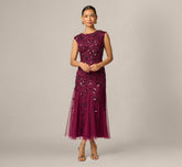 Petite Floral Beaded Ankle Length Gown In Bordeaux