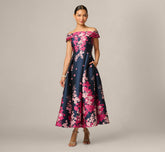 Petite Floral Jacquard Ankle Length Dress With Off The Shoulder Neckline In Navy Pink Multi