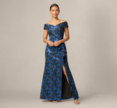 Petite Off Shoulder Jacquard Gown In Blue Multi