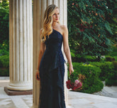 One Shoulder Floral Embroidered Gown In Navy Sateen