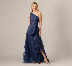 One Shoulder Floral Embroidered Gown In Navy Sateen