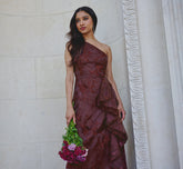 Petite One Shoulder Floral Embroidered Gown In Raisin