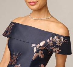 Petite Off Shoulder Metallic Floral Jacquard Gown In Navy Blush