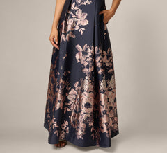 Petite Off Shoulder Metallic Floral Jacquard Gown In Navy Blush