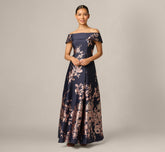 Petite Off Shoulder Metallic Floral Jacquard Gown In Navy Blush