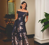 Off Shoulder Metallic Floral Jacquard Gown In Navy Blush