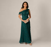 One Shoulder Draped Floral Beaded Gown In Gem Green