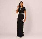 Short Sleeve Stretch Crepe Pearly Beaded Gown In Black Ivory