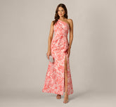 One Shoulder Floral Jacquard Draped Gown In Coral Multi