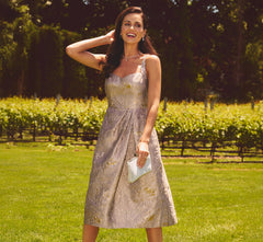 Metallic Jacquard Rhinestone Strap Midi Dress In Candied Ginger