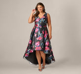 Plus Size Floral Print Mikado High Low Gown In Black Multi