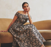 Off Shoulder Metallic Floral Jacquard Ankle Dress In Black Taupe