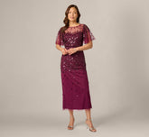Petite Flutter Sleeve Sequin Beaded Midi Dress In Bordeaux